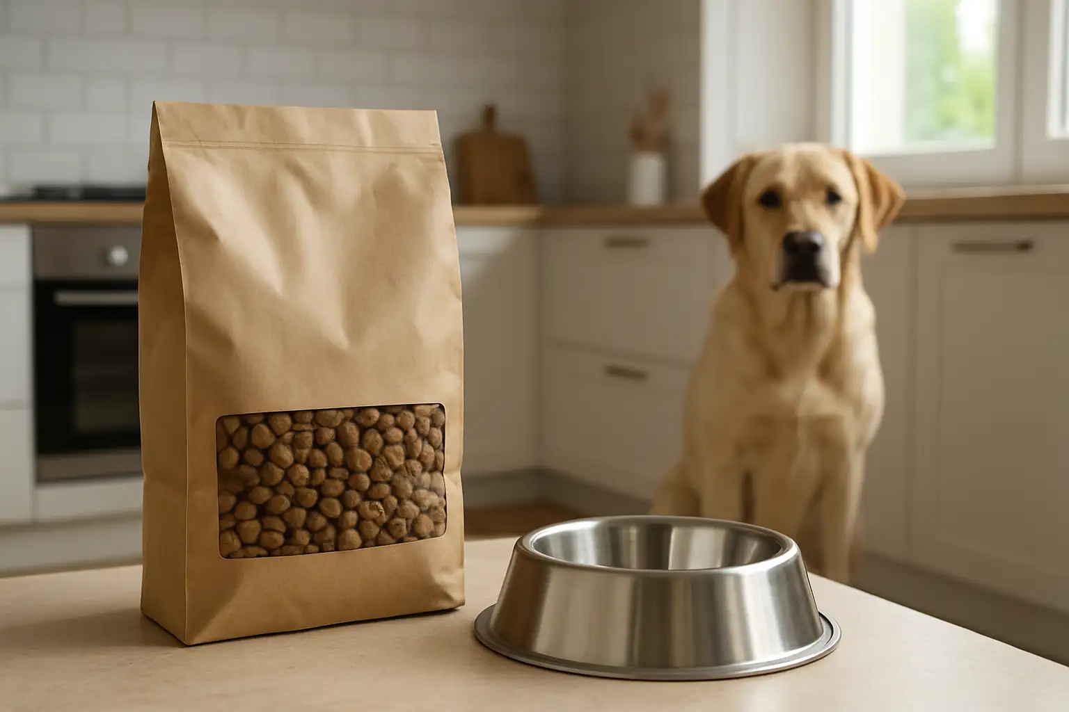Sac de croquettes pour chien et gamelle dans une cuisine moderne avec un chien en arrière-plan
