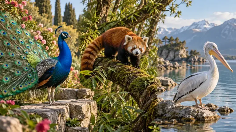 Paon, panda roux et pélican réunis dans une composition naturaliste