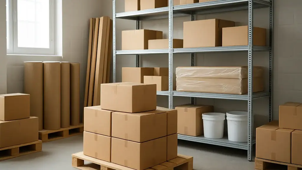 Entrepôt de matériaux de bâtiment avec cartons et panneaux rangés