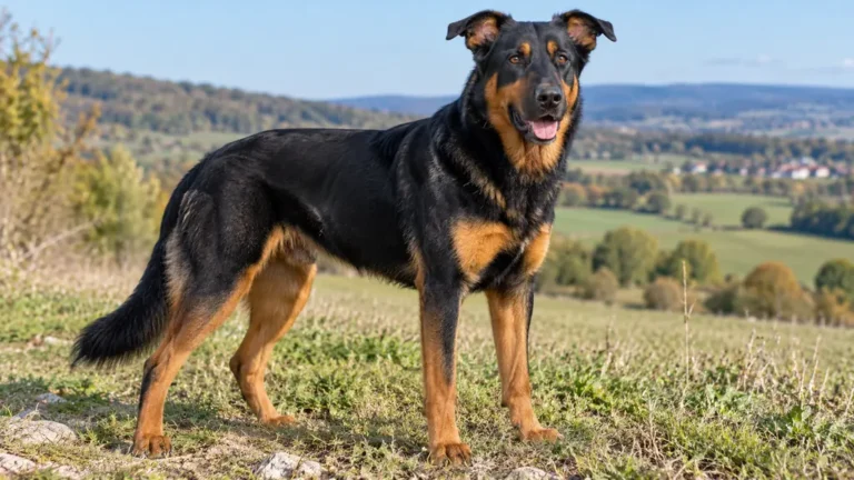 Grand chien noir et feu croisé Berger allemand et Beauceron en campagne