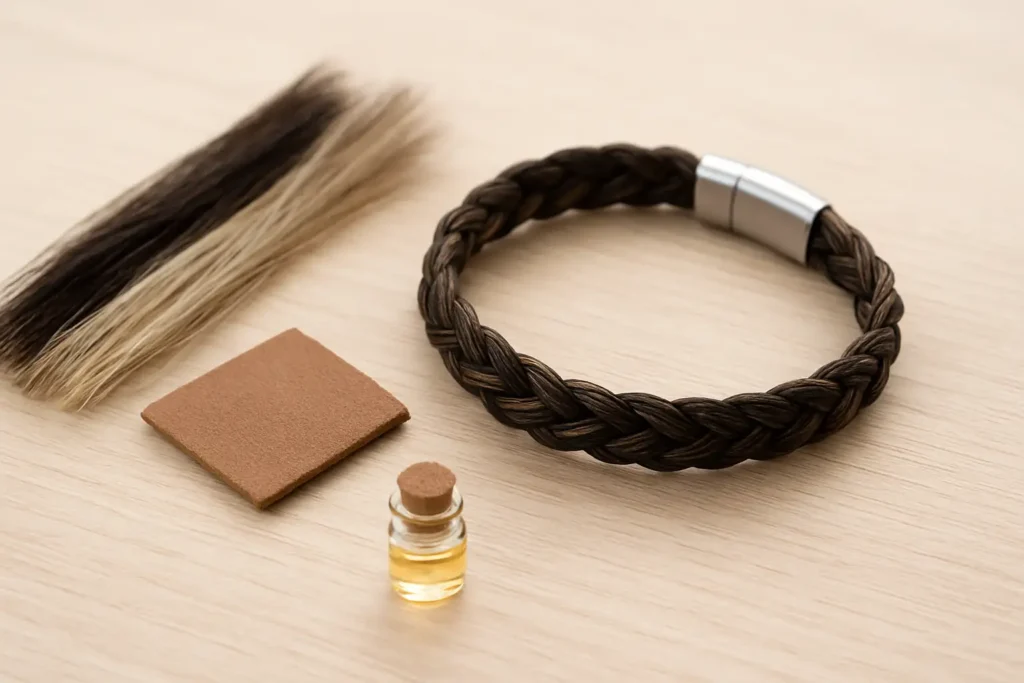 Bracelet en crin de cheval artisanal avec crins tressés, fermoir métal et éléments de cuir