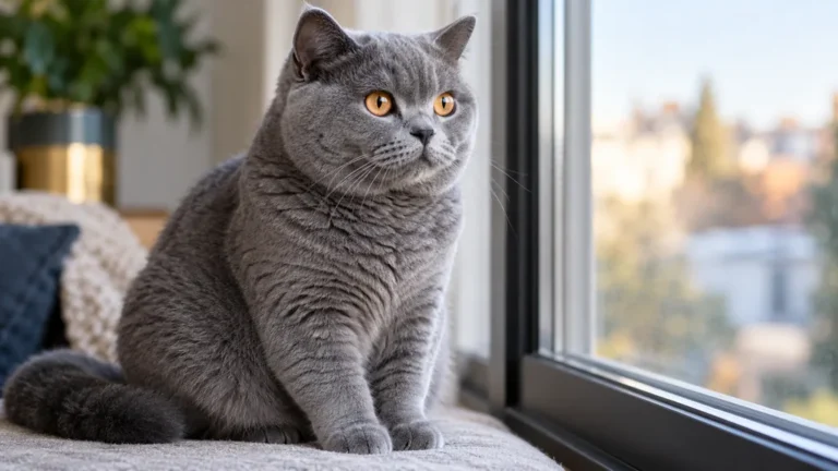 British Shorthair bleu adulte aux yeux cuivrés près d’une fenêtre