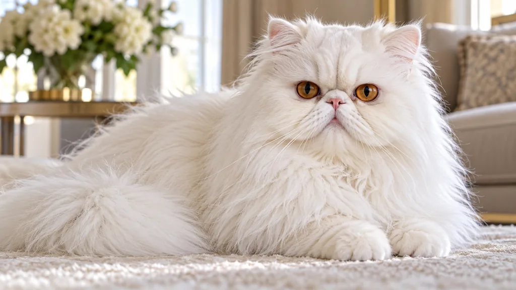 Chat Persan blanc adulte aux yeux cuivrés dans un salon lumineux