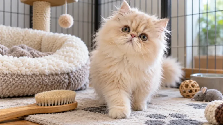 Chaton Persan crème dans un espace sécurisé avec couchage et brosse douce