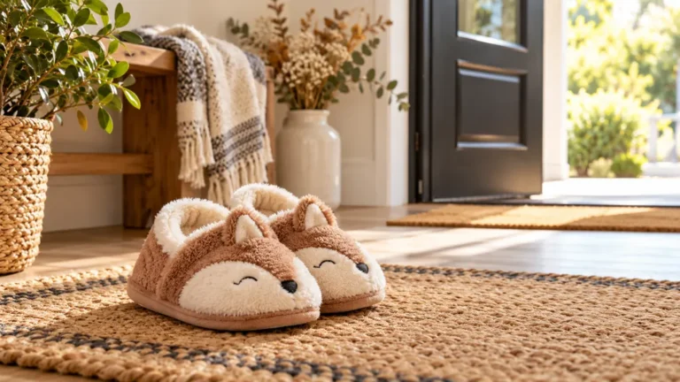 Paire de chaussons marron à motif renard dans une entrée lumineuse