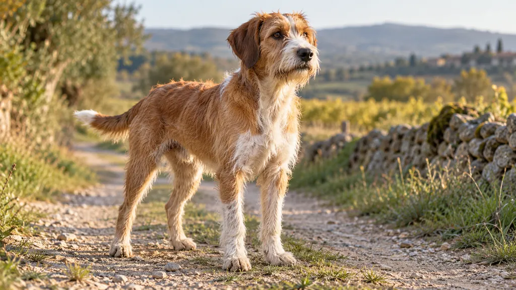 Chien croisé de type Griffon au poil dur fauve et blanc sur un chemin rural