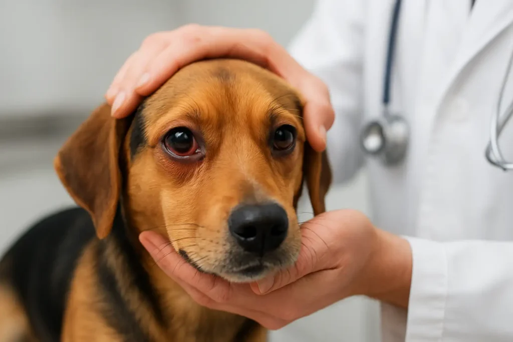Chien avec un œil irrité lors d’un examen vétérinaire pour ulcère cornéen
