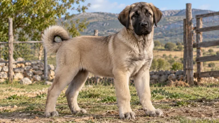 Chiot Kangal fauve au masque noir dans un environnement rural clôturé