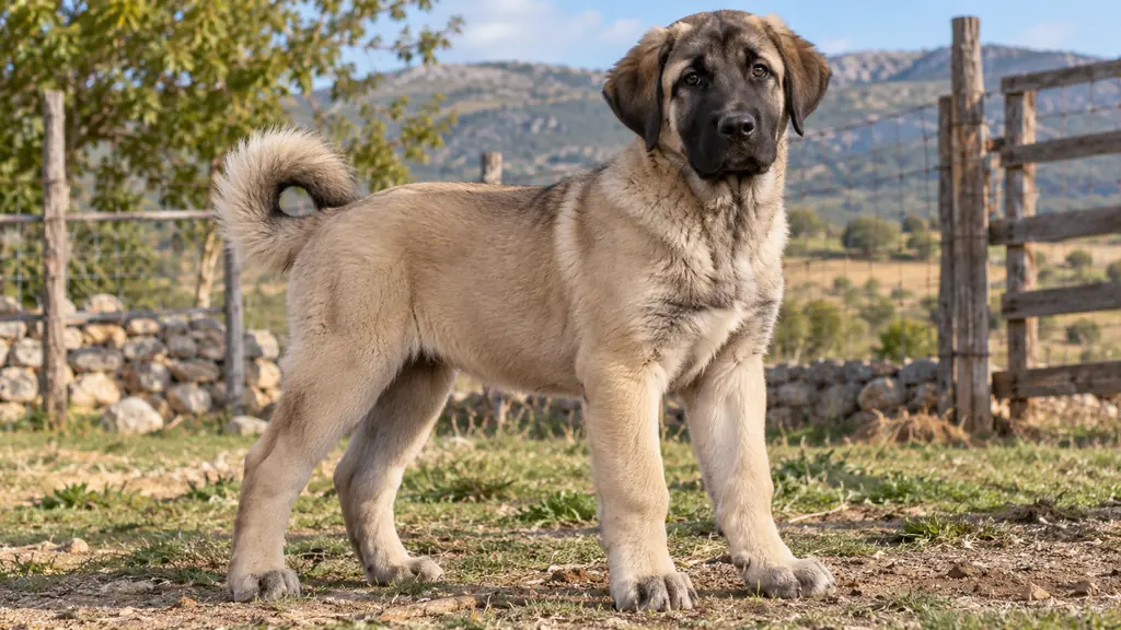 Chiot Kangal fauve au masque noir dans un environnement rural clôturé