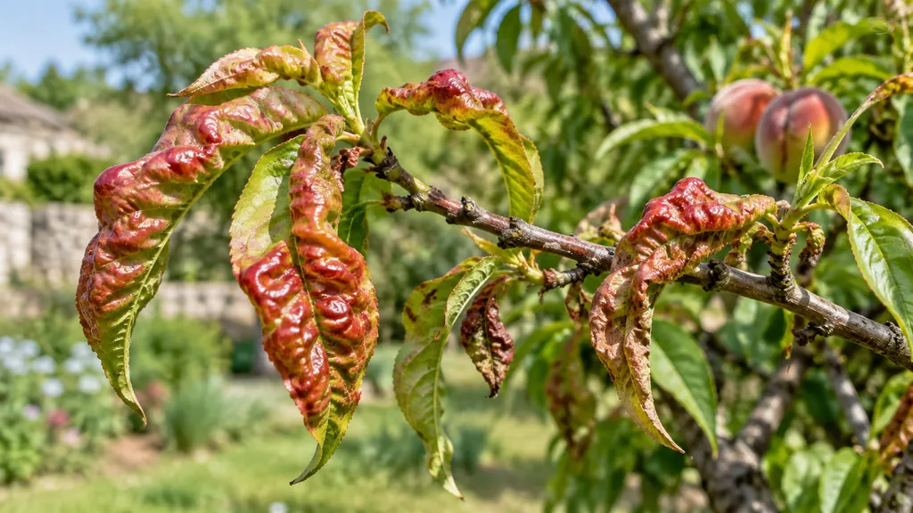Feuilles rouges boursouflées caractéristiques de la cloque sur un pêcher