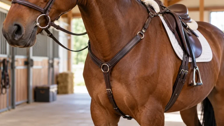 Collier de chasse en cuir correctement ajusté sur un cheval bai sellé