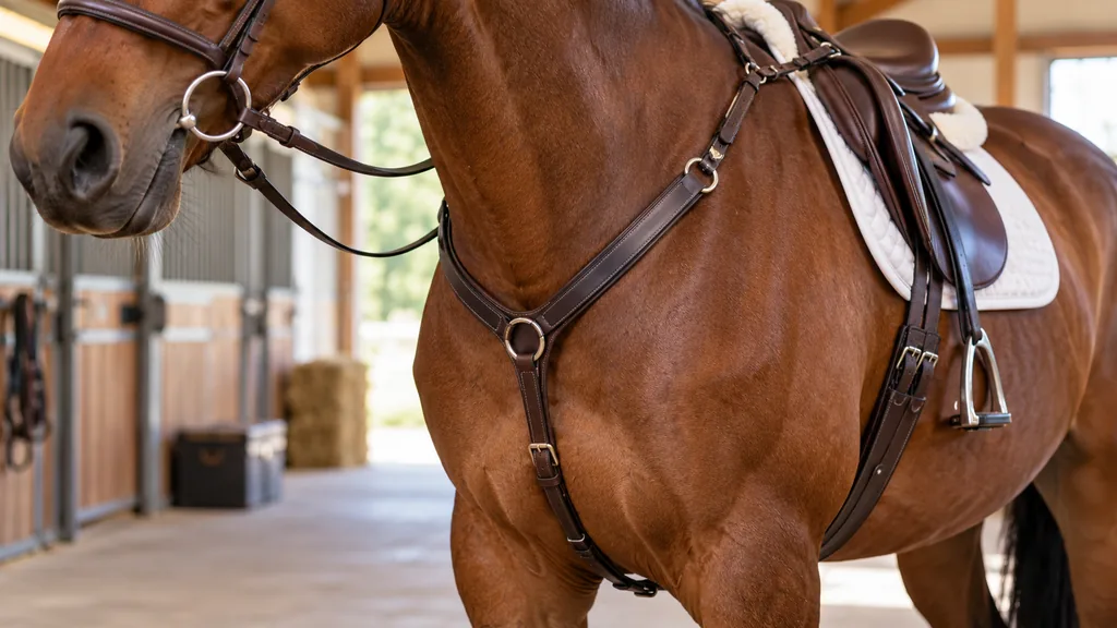 Collier de chasse en cuir correctement ajusté sur un cheval bai sellé