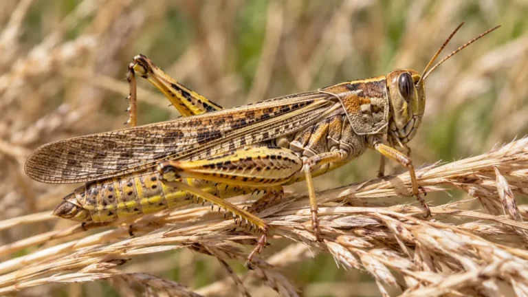 Criquet migrateur brun jaune posé sur des graminées sèches