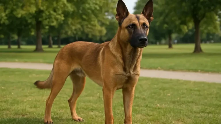 Chien croisé labrador malinois au pelage fauve debout dans un parc