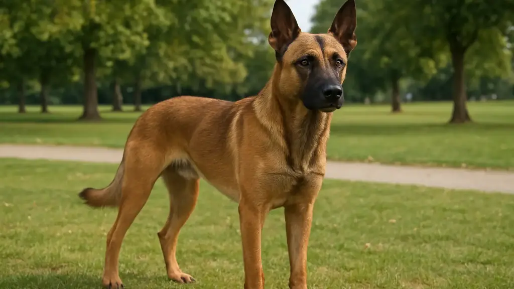 Chien croisé labrador malinois au pelage fauve debout dans un parc