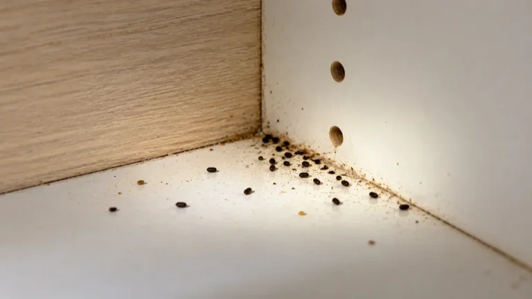Petites déjections sombres de cafards dans l’angle d’un meuble de cuisine