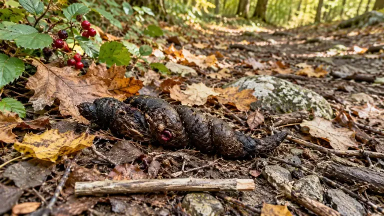 Déjection torsadée de renard avec restes de baies sur un sentier forestier