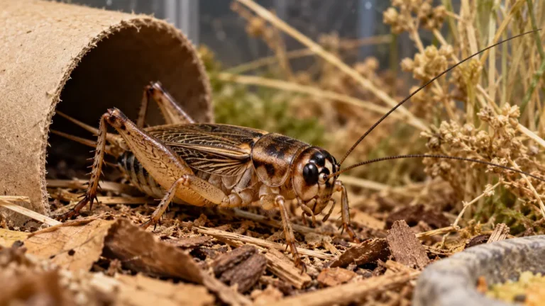 Grillon domestique brun dans un habitat propre avec cachette et végétation sèche