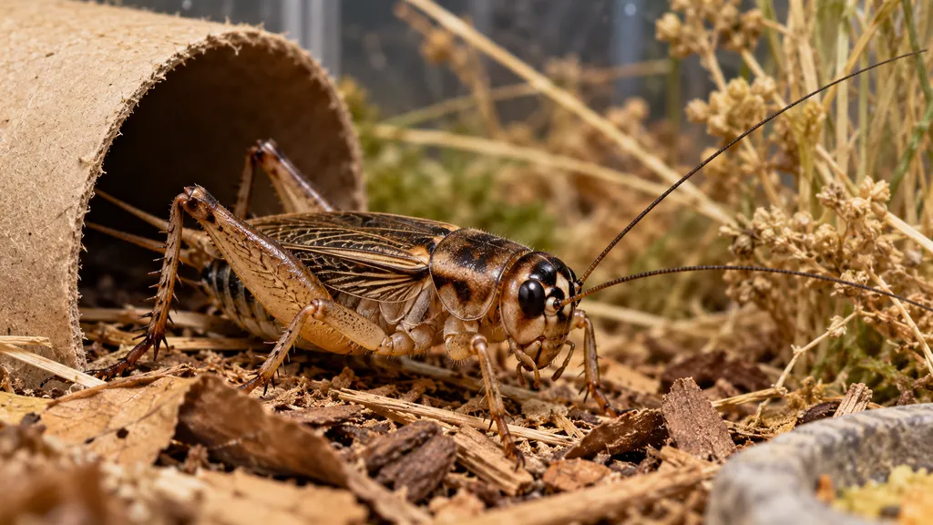 Grillon domestique brun dans un habitat propre avec cachette et végétation sèche