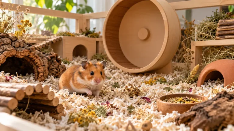 Hamster doré dans un habitat spacieux avec litière profonde et roue pleine