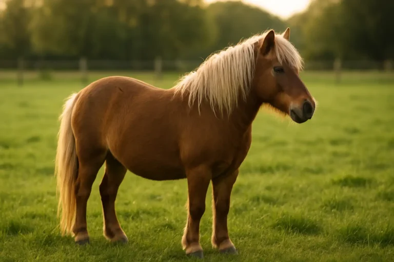 Un poney de profil dans un paddock herbeux, en lumière douce