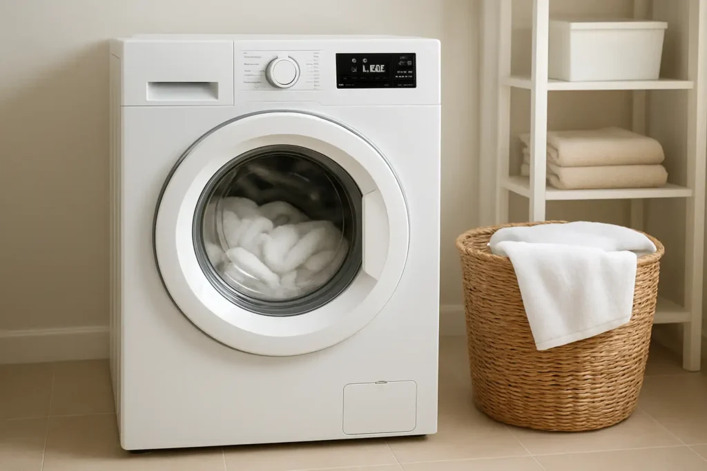 Lave-linge moderne avec pictogramme d’essorage sur le tableau de commande