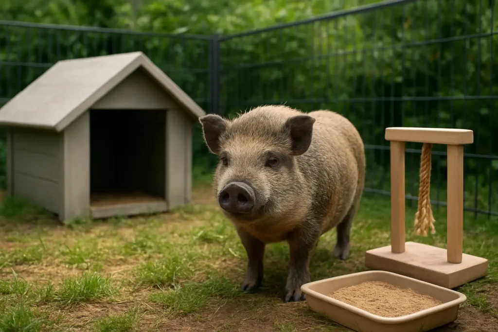 Cochon nain domestique dans un jardin sécurisé avec un abri et des équipements d’enrichissement