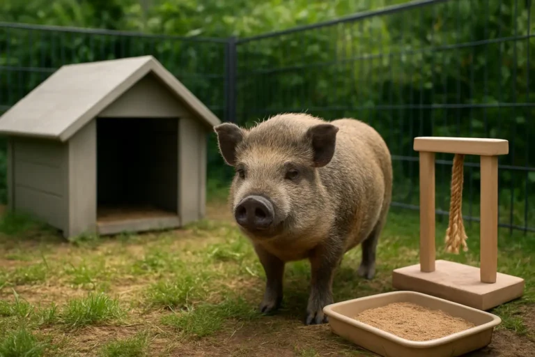 Cochon nain domestique dans un jardin sécurisé avec un abri et des équipements d’enrichissement