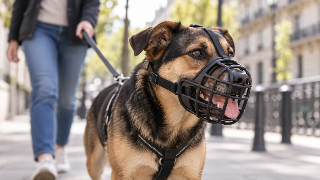Chien portant une muselière panier bien ajustée pendant une promenade
