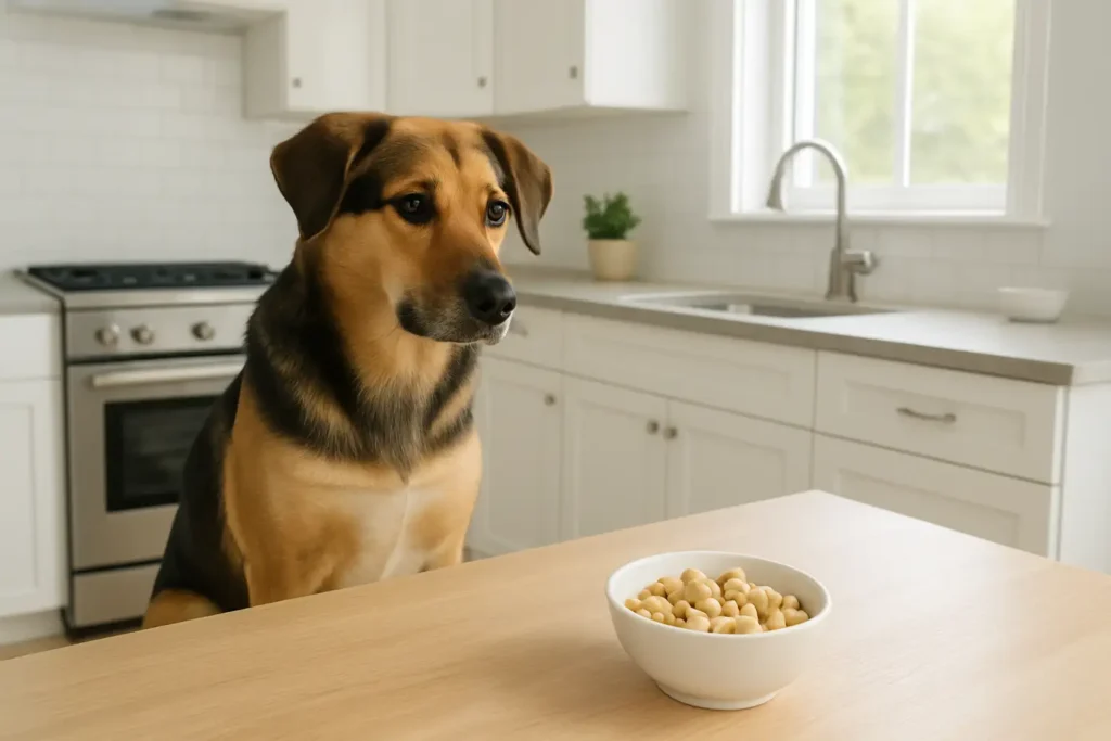 Chien dans une cuisine près d’un bol de noix de cajou nature, illustrant les précautions à prendre