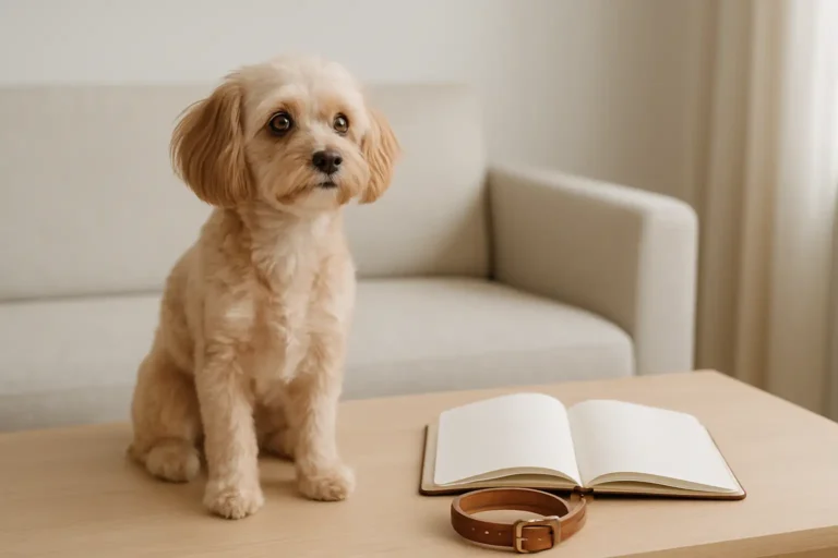 Une chienne élégante à côté d’un carnet de noms pour choisir un prénom raffiné