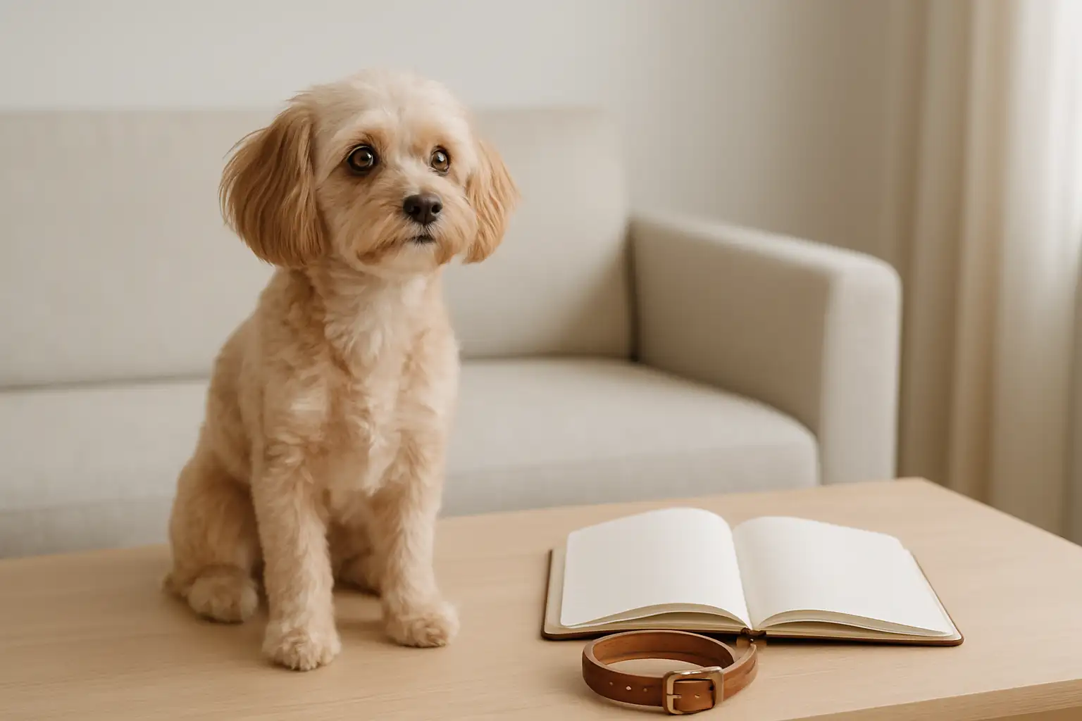 Une chienne élégante à côté d’un carnet de noms pour choisir un prénom raffiné