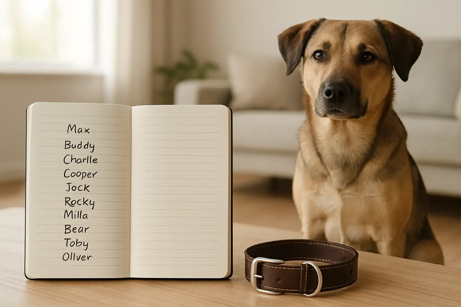 Carnet avec idées de prénom pour chien mâle et collier à côté d’un chien assis