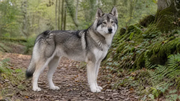 Chien Nordic Timber au pelage gris debout sur un chemin forestier