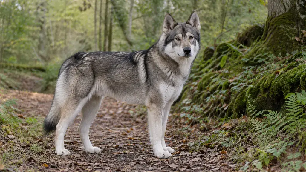 Chien Nordic Timber au pelage gris debout sur un chemin forestier