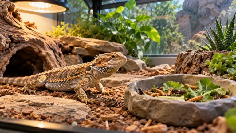 Lézard insectivore dans un terrarium avec insectes nourriciers et végétaux