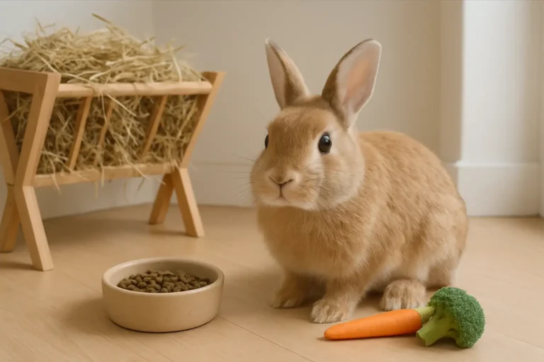 Lapin domestique avec foin, granulés et légumes frais dans un intérieur lumineux