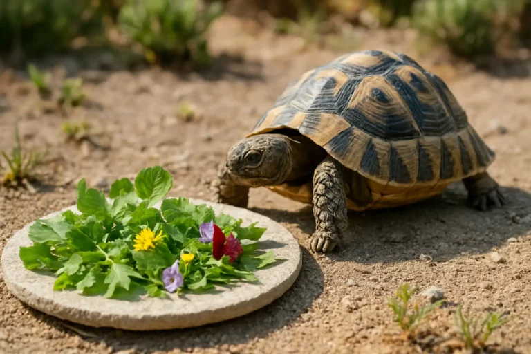 Tortue d’Hermann devant des feuilles de pissenlit, du trèfle et des fleurs comestibles