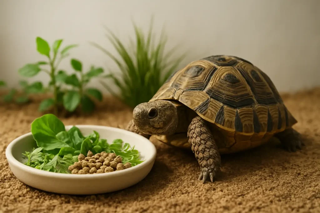 Tortue de compagnie avec feuilles, herbes et granulés pour tortue