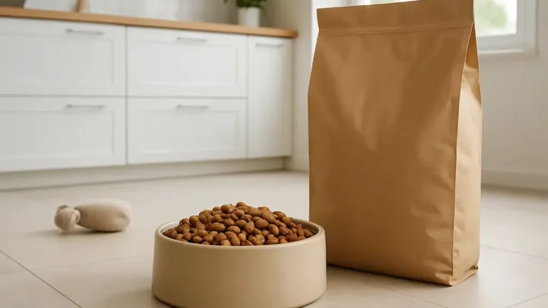 Bol de croquettes pour chien posé devant un sac d’alimentation