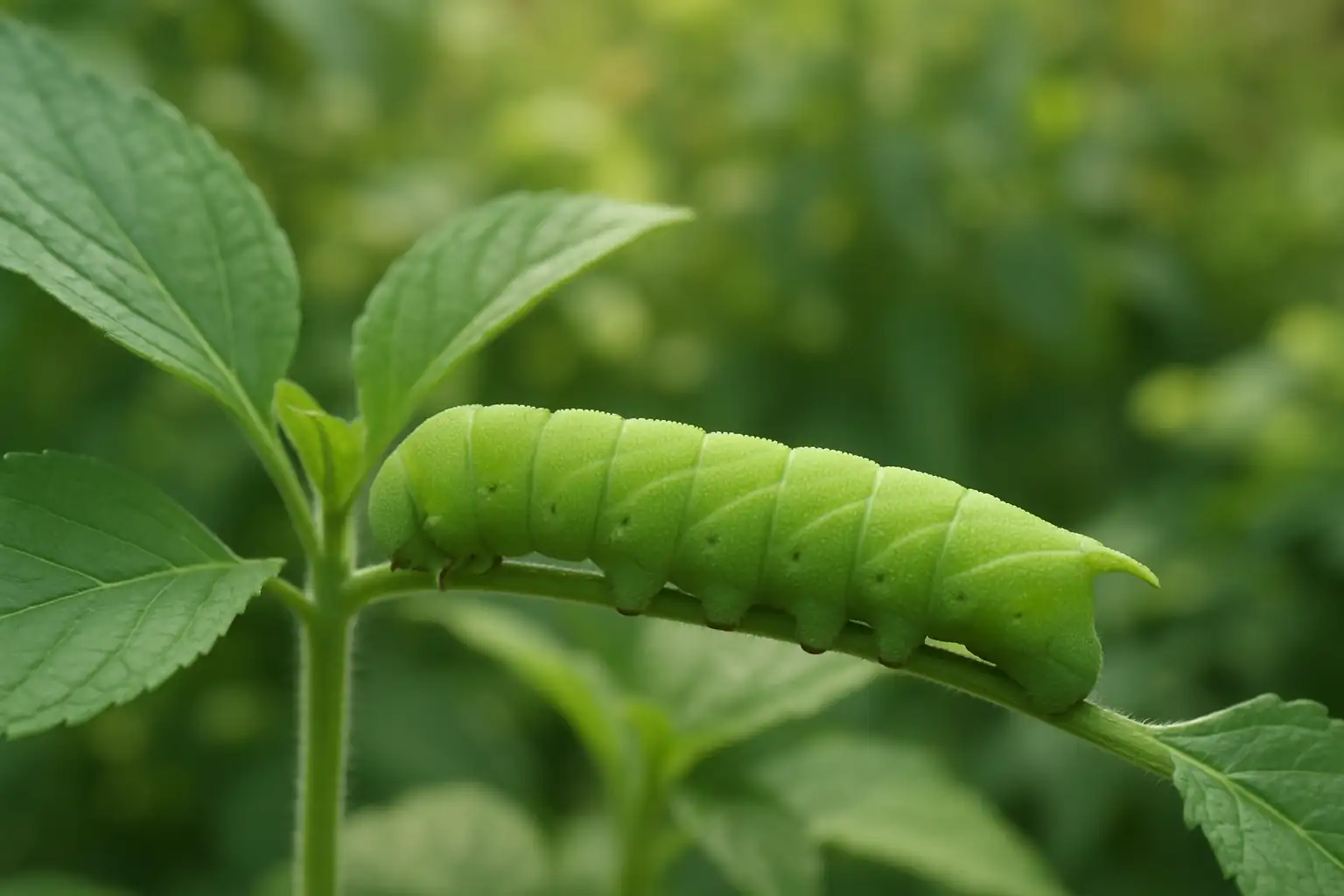 Chenille de papillon sur une plante hôte dans un jardin, en gros plan