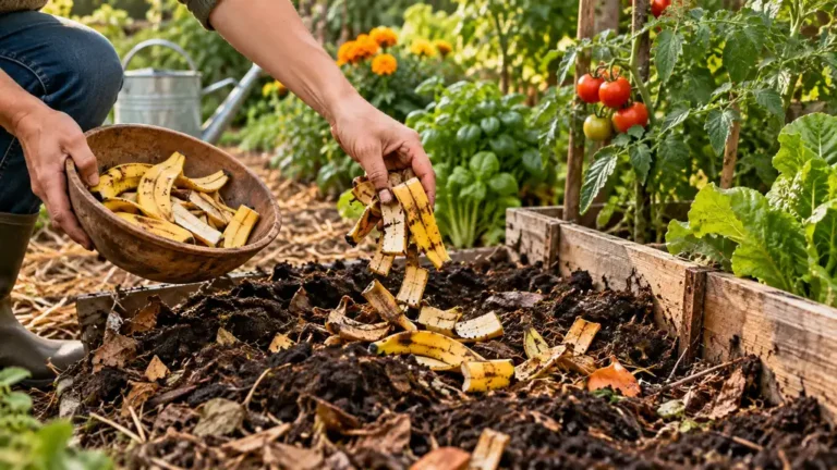 Peaux de banane découpées ajoutées à un compost près d’un potager