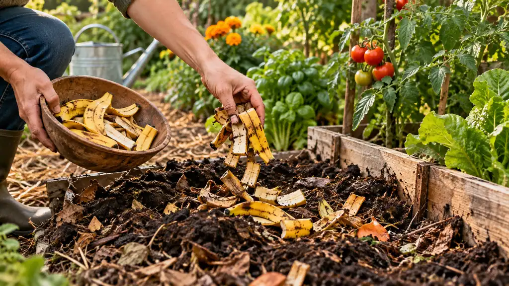 Peaux de banane découpées ajoutées à un compost près d’un potager