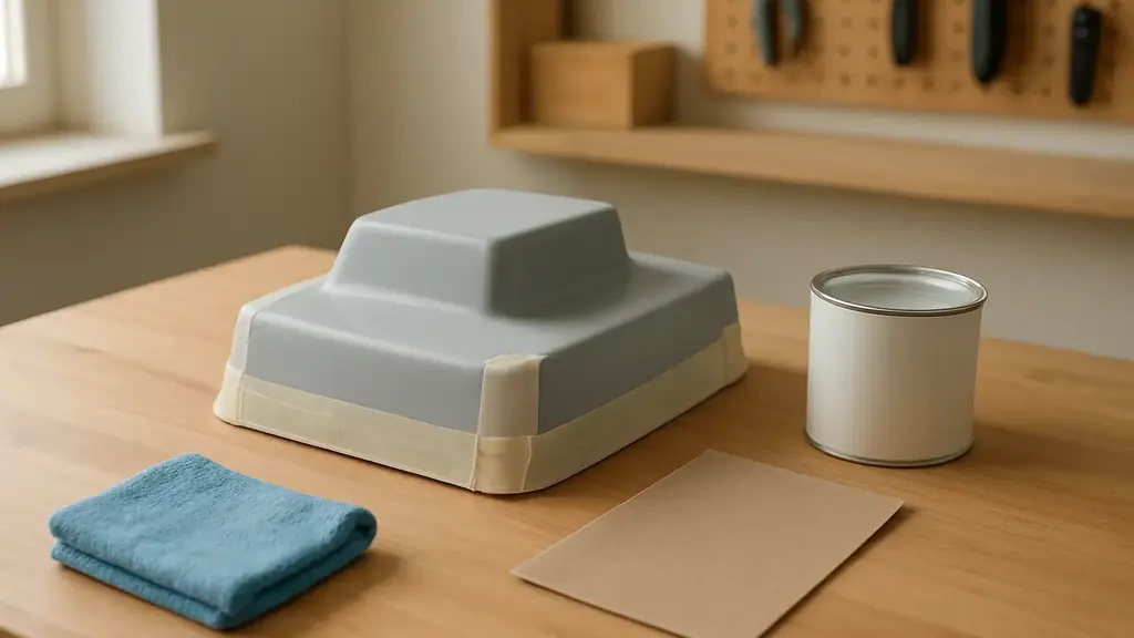 Objet en plastique préparé sur un établi avec peinture et matériel de nettoyage