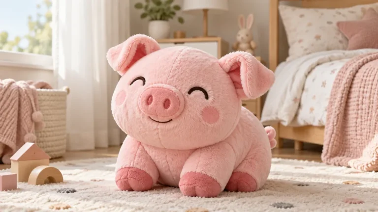Peluche cochon rose aux détails brodés dans une chambre claire