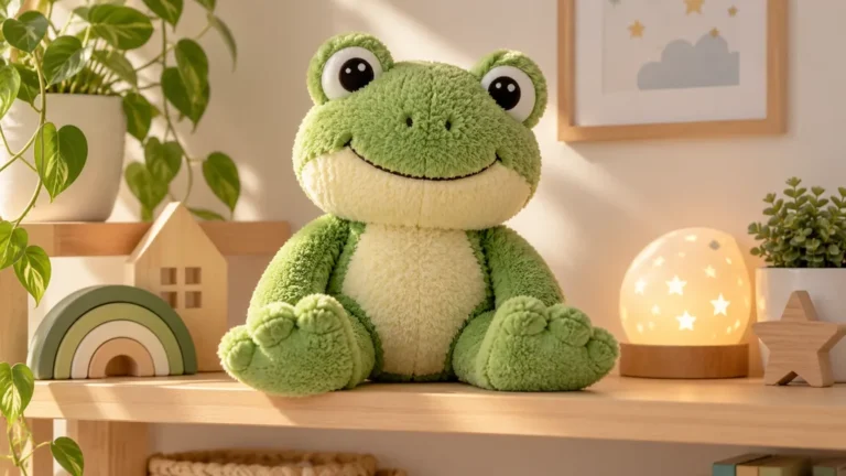 Grande peluche grenouille verte aux détails brodés dans une chambre lumineuse