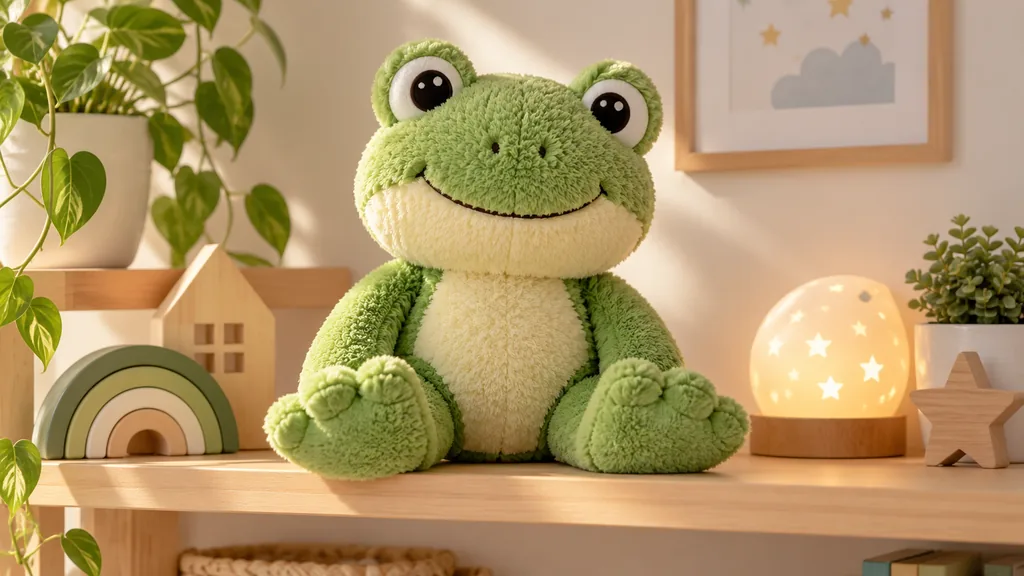 Grande peluche grenouille verte aux détails brodés dans une chambre lumineuse