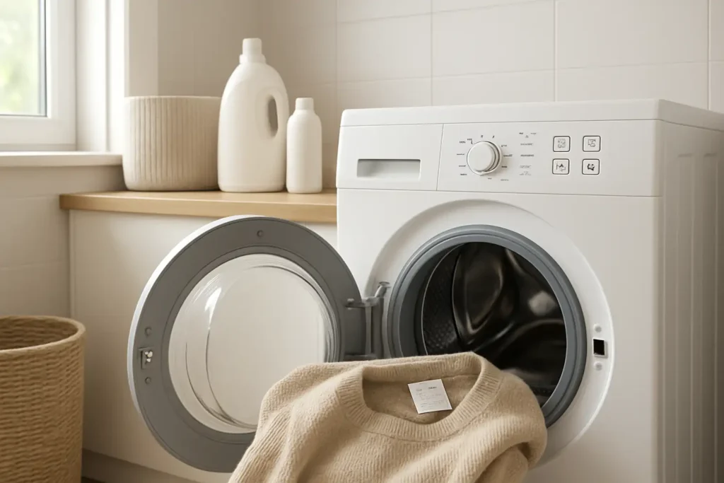 Machine à laver avec étiquette textile et pictogrammes de lavage visibles dans une buanderie moderne