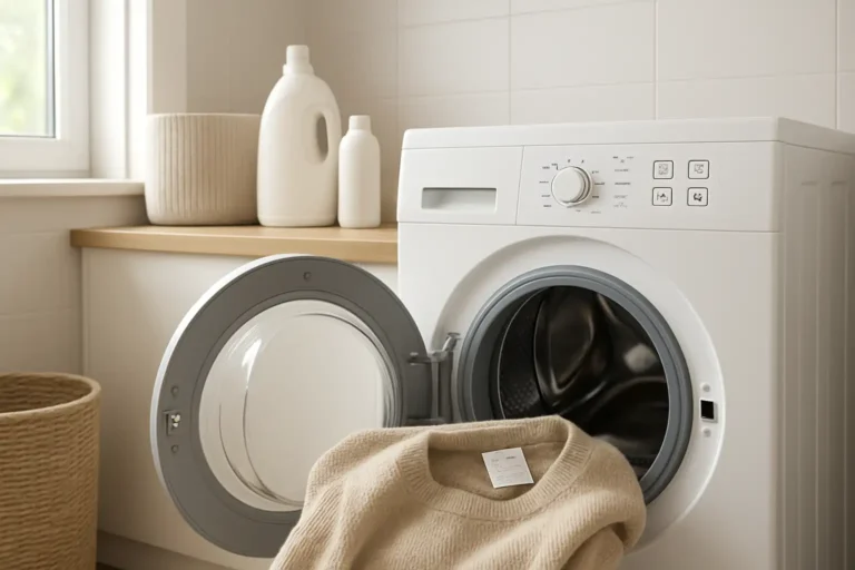 Machine à laver avec étiquette textile et pictogrammes de lavage visibles dans une buanderie moderne