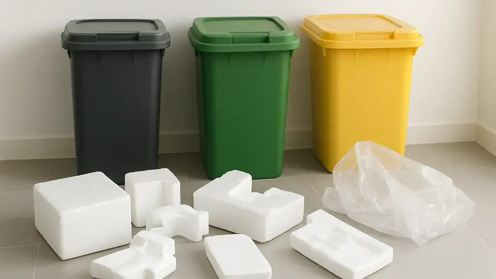 Morceaux de polystyrène triés devant trois bacs de recyclage